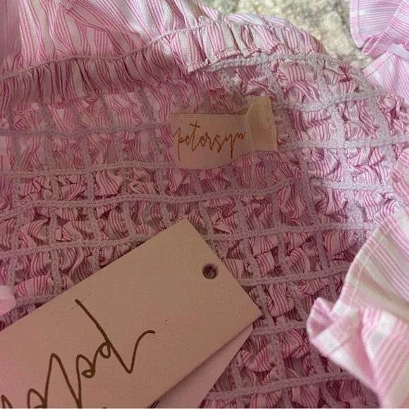 NWT Petersyn Revolve Diana Smocked Off The Shoulder Ruffle Pink Dress Women's M - Picture 5 of 8